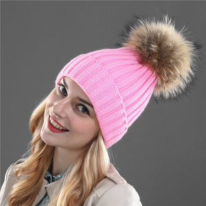 Xthree mink and fox fur ball cap pom poms winter hat for women girl 's hat knitted  beanies cap brand new thick female cap