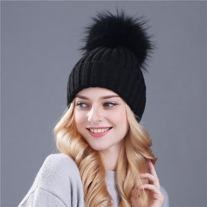 Xthree mink and fox fur ball cap pom poms winter hat for women girl 's hat knitted  beanies cap brand new thick female cap