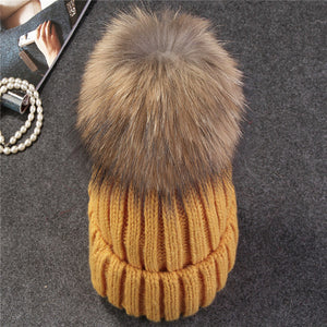 Xthree mink and fox fur ball cap pom poms winter hat for women girl 's hat knitted  beanies cap brand new thick female cap