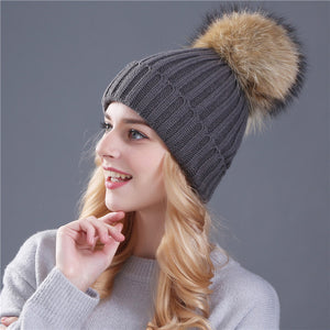 Xthree mink and fox fur ball cap pom poms winter hat for women girl 's hat knitted  beanies cap brand new thick female cap