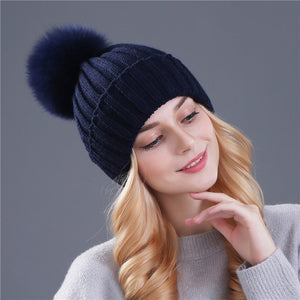 Xthree mink and fox fur ball cap pom poms winter hat for women girl 's hat knitted  beanies cap brand new thick female cap