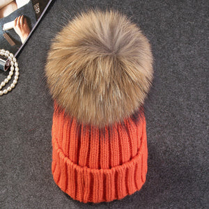 Xthree mink and fox fur ball cap pom poms winter hat for women girl 's hat knitted  beanies cap brand new thick female cap