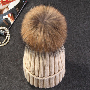 Xthree mink and fox fur ball cap pom poms winter hat for women girl 's hat knitted  beanies cap brand new thick female cap