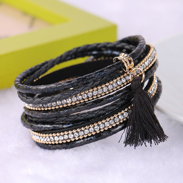 Braided Multilayer Rhinestone Leather Bracelet