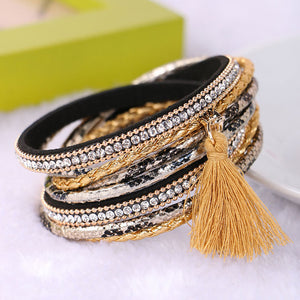 Braided Multilayer Rhinestone Leather Bracelet