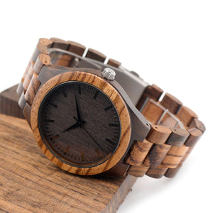 The 'Master' - Round Vintage Zebra Wood Case Watch With Ebony Bamboo Wood Face