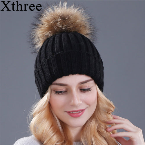 Xthree mink and fox fur ball cap pom poms winter hat for women girl 's hat knitted  beanies cap brand new thick female cap