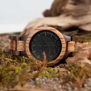 The 'Master' - Round Vintage Zebra Wood Case Watch With Ebony Bamboo Wood Face