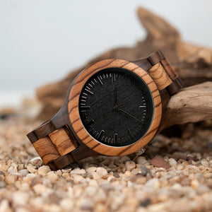 The 'Master' - Round Vintage Zebra Wood Case Watch With Ebony Bamboo Wood Face