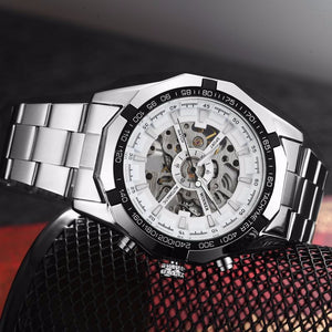 Winner Brand Men Full Stainless Steel Watch Men Skeleton Auto Mechanical Watch Self-Wind Male Dress Clock Relogio Masculino